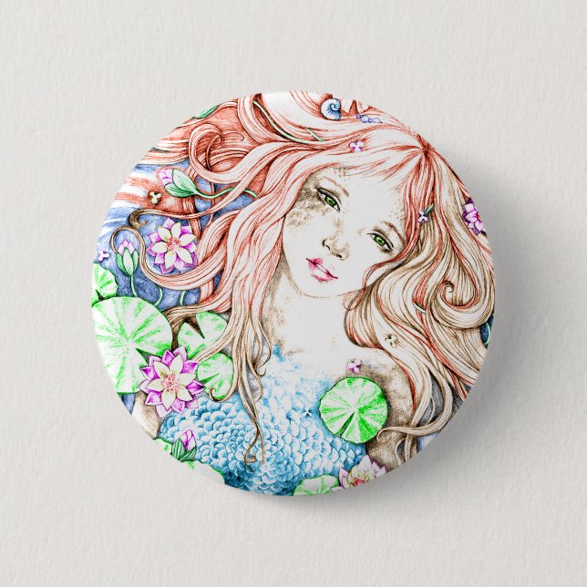 Mermaid Princess Watercolor 2 Inch Round Button (Front)