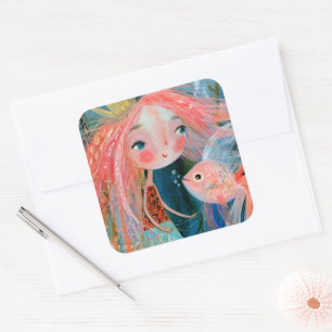 Mermaid Princess With Pink Fish Friend Square Sticker