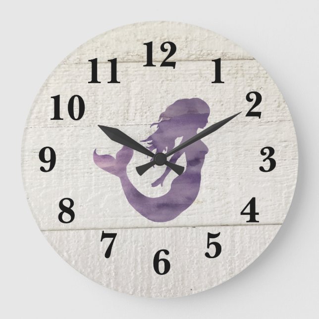 Mermaid Purple Beach Decor Rustic Shiplap Large Clock (Front)
