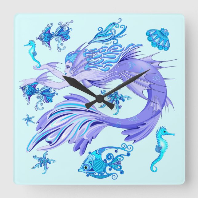 Mermaid Purple Fairy Creature Square Wall Clock (Front)
