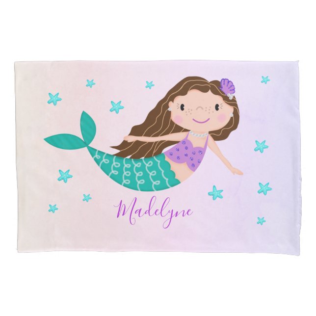 Mermaid Purple Glitter Coral Personalized Name Pillowcase (Front)