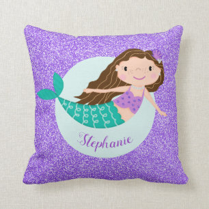 Mermaid Purple Glitter Personalized Throw Pillow