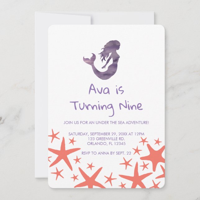 Mermaid Purple Starfish Invitation Anniversaire (Devant)