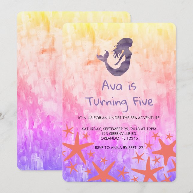 Mermaid Purple Starfish Invitation Anniversaire (Devant / Derrière)
