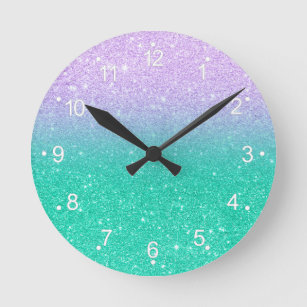 Mermaid purple teal aqua glitter ombre gradient round clock