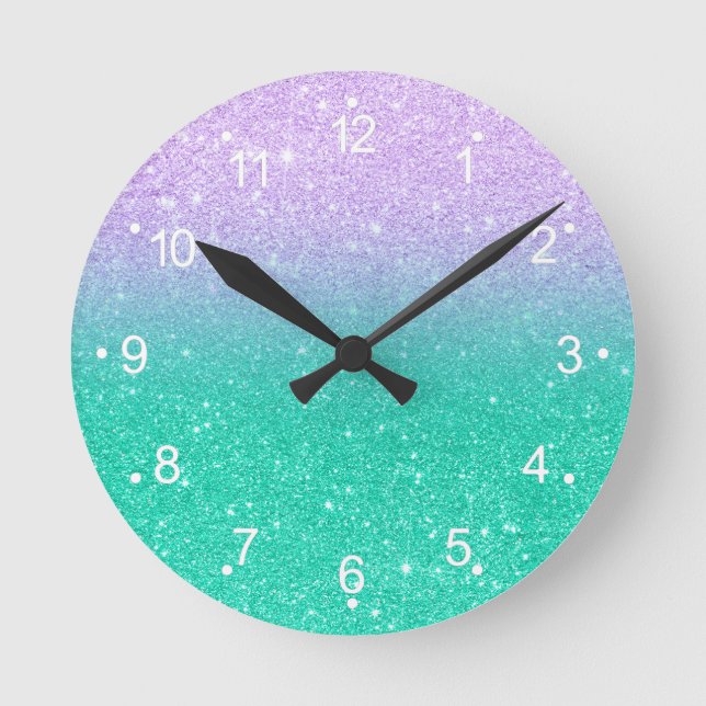 Mermaid purple teal aqua glitter ombre gradient round clock (Front)