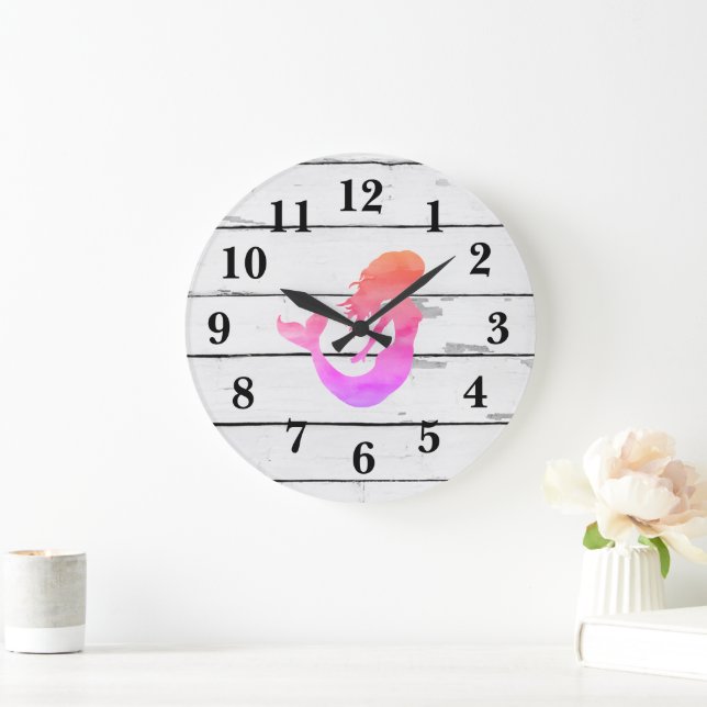 Mermaid Rainbow Beach Decor Rustic Shiplap Large Clock (Home)