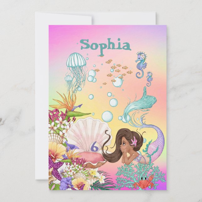 Mermaid Rainbow Dark Hair Under The Sea Birthday   Invitation (Back)