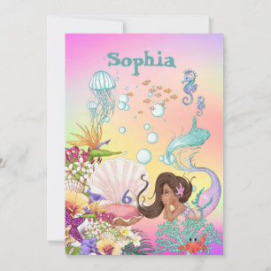 Mermaid Rainbow Dark Hair Under The Sea Birthday Invitation