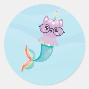 Mermaid Rainbow Unicorn Purple Cat Classic Round Sticker