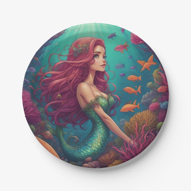 Mermaid Red Paper Plate (Front)