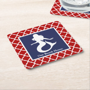 Mermaid Red White Blue Nautical Personalize Name Square Paper Coaster