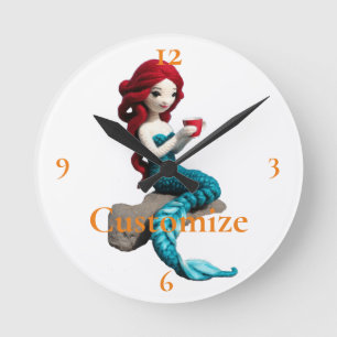 Mermaid Relaxing With Beverage Thunder_Cove  Round Clock