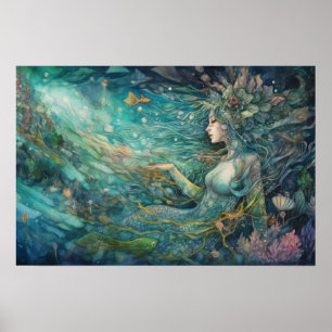 Mermaid resting within a reef poster
