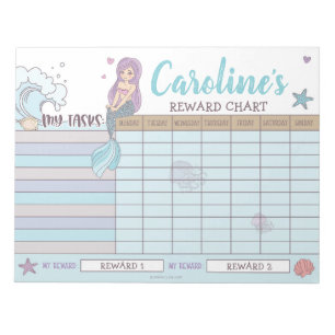 Mermaid Reward Chart Personalized Name & Tasks Notepad