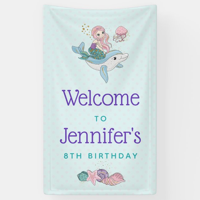 Mermaid Riding a Dolphin Under the Sea Birthday Banner (Vertical)