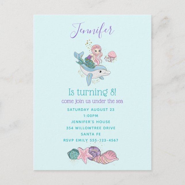 Mermaid Riding a Dolphin Under the Sea Birthday Invitation Postcard (Front)