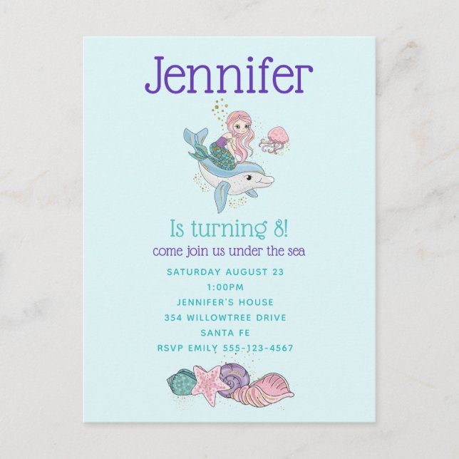 Mermaid Riding a Dolphin Under the Sea Birthday Invitation Postcard (Front)