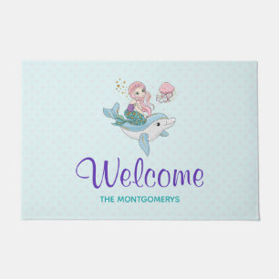 Mermaid Riding a Dolphin Under the Sea Welcome Doormat