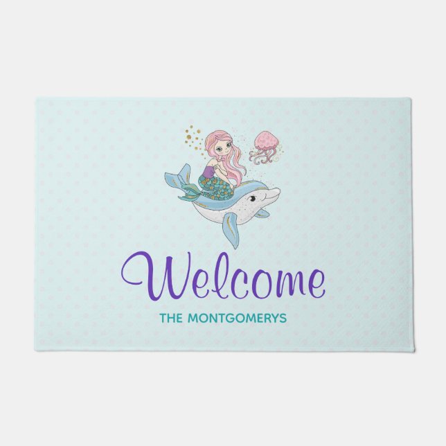 Mermaid Riding a Dolphin Under the Sea Welcome Doormat (Front)