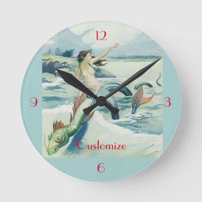 Mermaid Riding Sea Serpent Thunder_Cove  Round Clock (Front)
