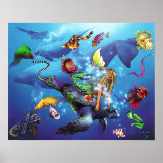 Mermaid Riding Sea Turtle Poster