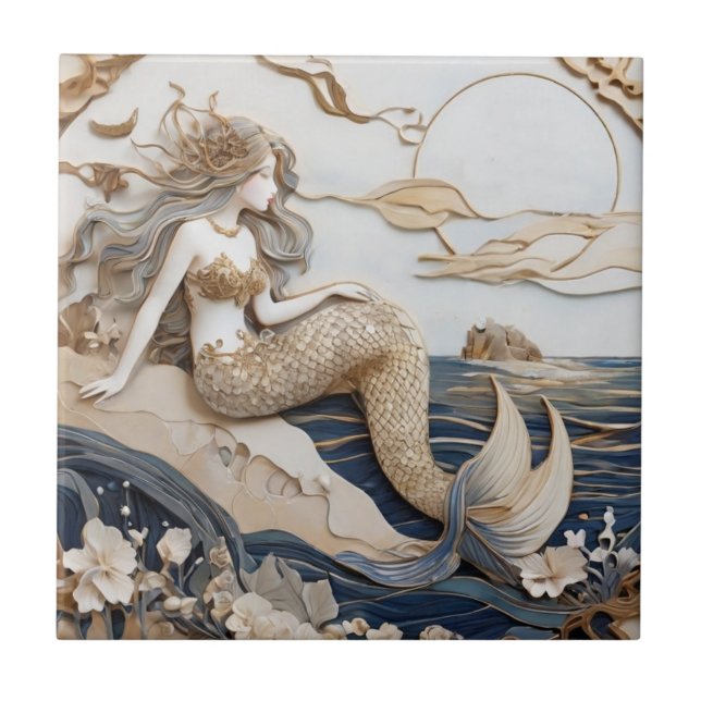 Mermaid Right sided Faux Relief Japanese Asian art Tile (Front)