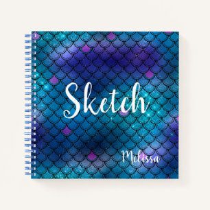 Mermaid Scale Blue Glitter Monogram Sketchbook Not Notebook