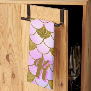 Mermaid Scale Pattern Purple Gold Glitter Initial Kitchen Towel