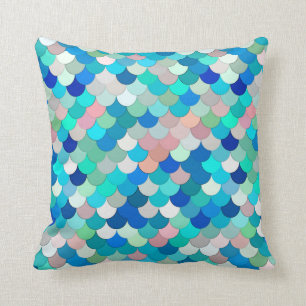Mermaid Scales, Aqua, Shell Pink, and Cobalt Throw Pillow