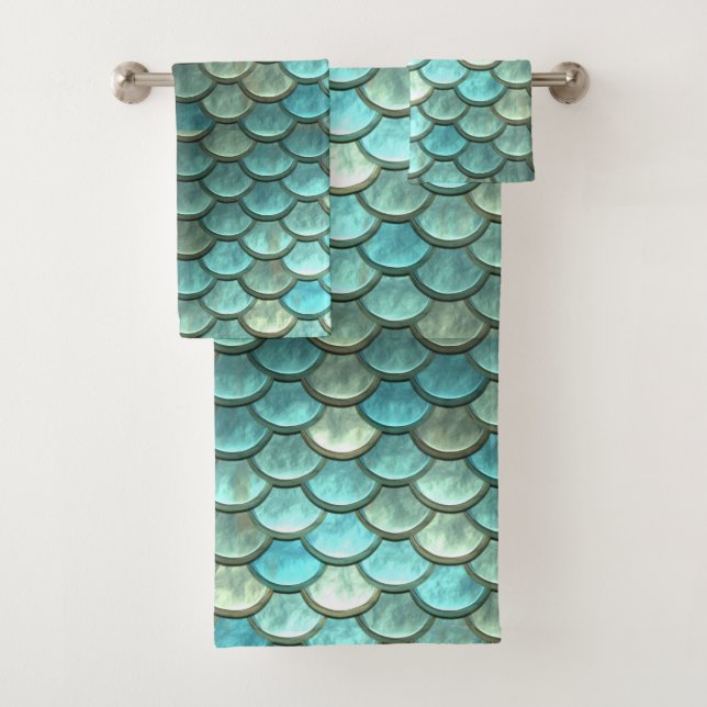 Mermaid Scales Aqua Teal Bath Towel Set (Insitu)