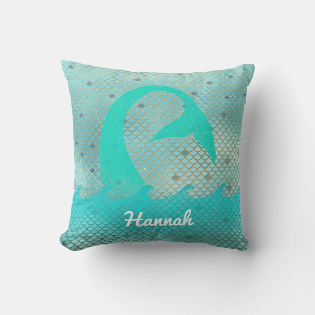 Mermaid Scales Aqua Teal Gold Custom Name Nautical Throw Pillow (Front)