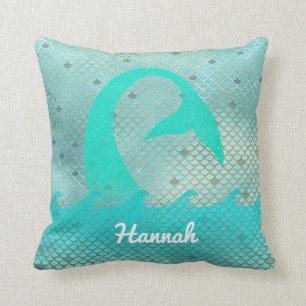 Mermaid Scales Aqua Teal Gold Custom Name Nautical Throw Pillow