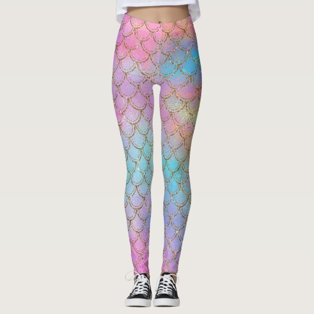 Mermaid Scales Colourful Pretty Pastel Pink Purple Leggings (Front)
