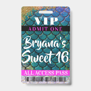 Mermaid Scales Glitter Party Sweet 16 VIP Pass Badge