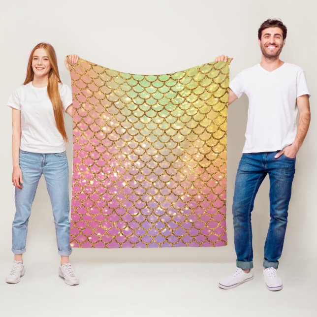 Mermaid scales gold pink purple green fleece blanket (In Situ)