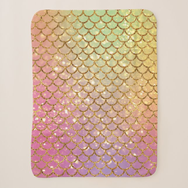 Mermaid scales gold pink purple green sherpa blanket (Front)
