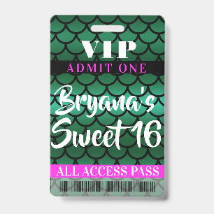 Mermaid Scales Green Black Party Sweet 16 VIP Pass Badge