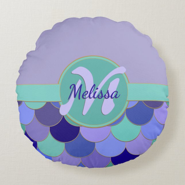 Mermaid Scales Monogram + Name Purple & Aqua Teal Round Pillow (Front)
