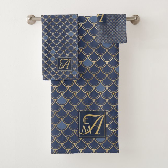 Mermaid Scales Monogram Navy Blue Gold Home Decor Bath Towel Set (Insitu)