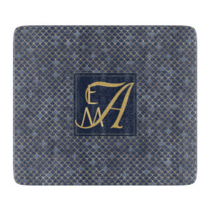Mermaid Scales Monogram Navy Blue Gold Home Decor Cutting Board