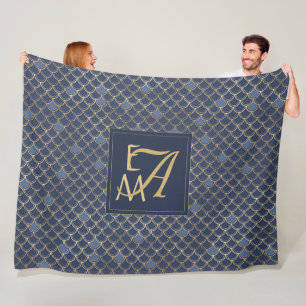 Mermaid Scales Monogram Navy Blue Gold Home Decor Fleece Blanket