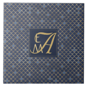 Mermaid Scales Monogram Navy Blue Gold Home Decor Tile