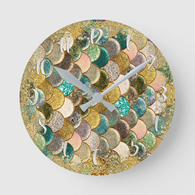 Mermaid Scales Multi Colour Glitter Glam Trendy Round Clock (Front)