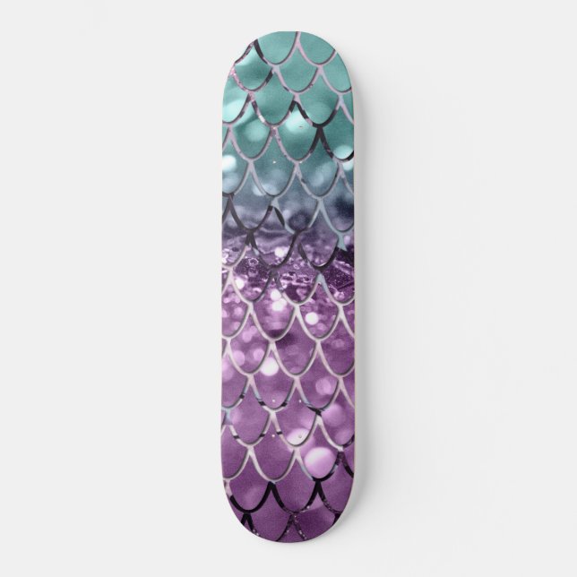 Mermaid Scales on Aqua Purple MERMAID Glitter #2 Skateboard (Front)
