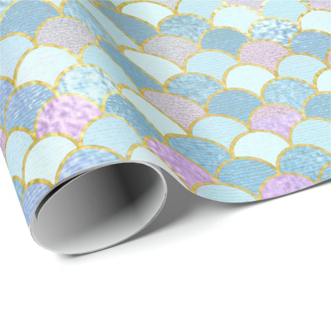 Mermaid Scales Pastel Gold Metallic Pink Wrapping Paper (Roll Corner)
