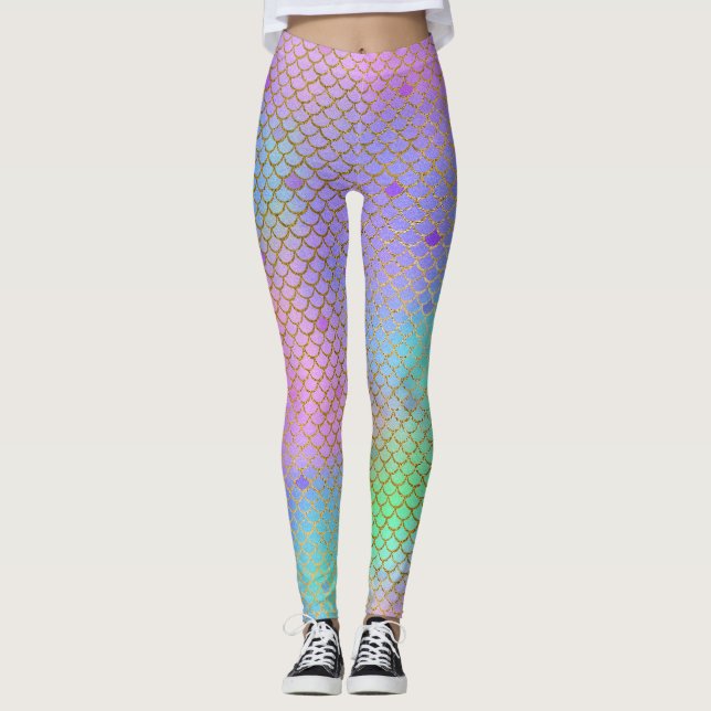 Mermaid Scales Pattern Pastel Rainbow Colours Gold Leggings (Front)