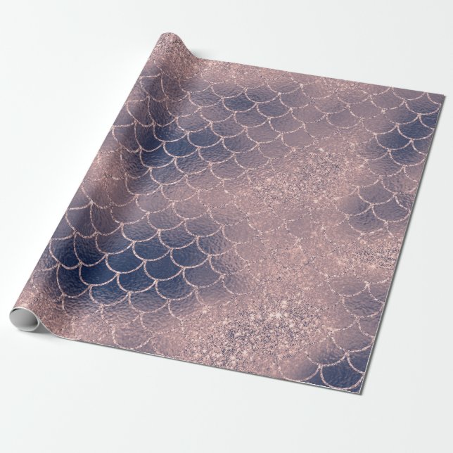Mermaid Scales Pink Rose Glitter Navy Blush Spark Wrapping Paper (Unrolled)