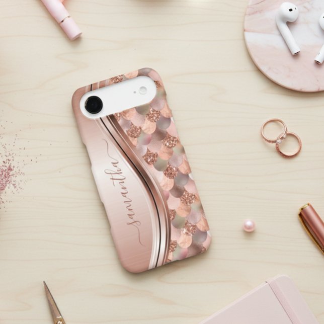 Mermaid Scales Rose Gold Handwritten Name Metal Case-Mate iPhone Case (Creator Uploaded)