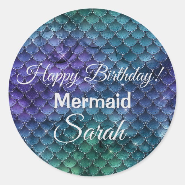 Mermaid Scales Sparkly Blue & Purple Classic Round Sticker (Front)